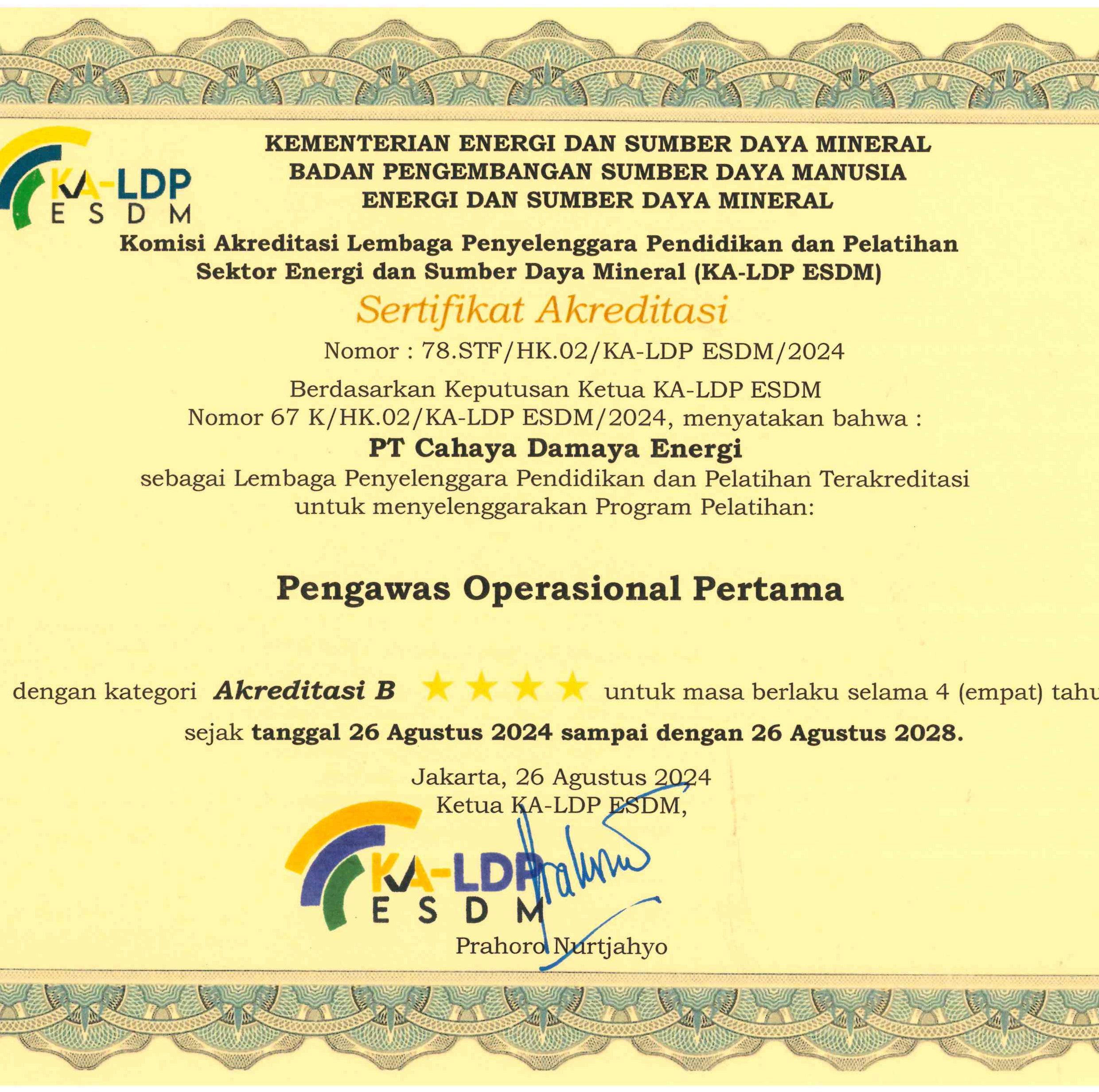 Nomor Sertifikat: 78.STF/HK.02/KA-LDP ESDM/2024